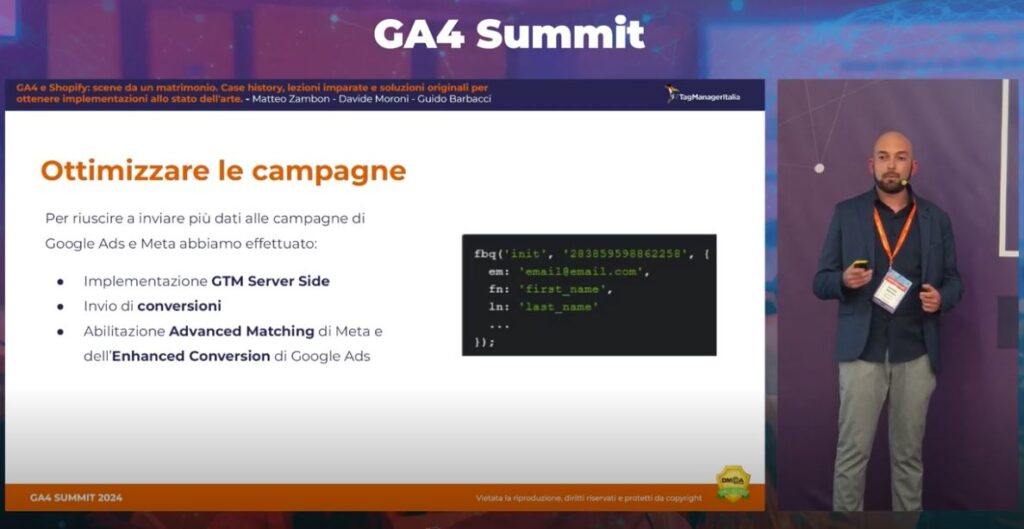 Speech GA4 e Shopify scene da un matrimonio. Case history, lezioni imparate e soluzioni originali per ottenere implementazioni allo stato dell'arte - Davide Moroni Guido Barbacci Matteo Zambon
